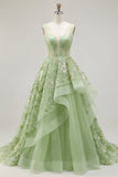 Corsé verde A-Line con escote en V y vestido largo de graduación con volantes