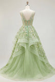 Corsé verde A-Line con escote en V y vestido largo de graduación con volantes