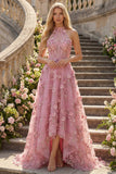 Corsé A-Line A-Line de Taro con escote halter y vestido largo de graduación con flores 3D aplicadas