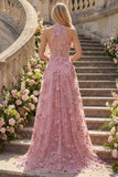 Corsé A-Line A-Line de Taro con escote halter y vestido largo de graduación con flores 3D aplicadas