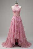 Corsé A-Line A-Line de Taro con escote halter y vestido largo de graduación con flores 3D aplicadas