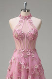 Corsé A-Line A-Line de Taro con escote halter y vestido largo de graduación con flores 3D aplicadas