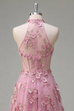 Corsé A-Line A-Line de Taro con escote halter y vestido largo de graduación con flores 3D aplicadas