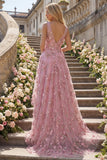 Vestido largo de baile de fin de curso, de taro en V, con escote en A, adornado con perlas, con flores 3D aplicadas
