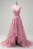 Vestido largo de baile de fin de curso, de taro en V, con escote en A, adornado con perlas, con flores 3D aplicadas