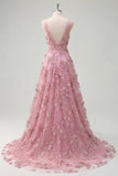 Vestido largo de baile de fin de curso, de taro en V, con escote en A, adornado con perlas, con flores 3D aplicadas