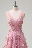 Vestido largo de baile de fin de curso, de taro en V, con escote en A, adornado con perlas, con flores 3D aplicadas