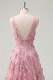 Vestido largo de baile de fin de curso, de taro en V, con escote en A, adornado con perlas, con flores 3D aplicadas
