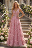 Vestido largo de graduación de Taro en línea A con escote en V y apliqueado con perlas y flores 3D