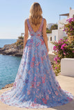 Vestido de graduación largo de Flor Floral A de línea A y escote largo