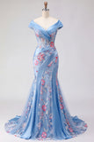 Vestido largo de graduación azul con escote en V y Corsé con plique de sirena