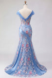 Vestido largo de graduación azul con escote en V y Corsé con plique de sirena
