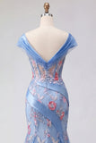 Vestido largo de graduación azul con escote en V y Corsé con plique de sirena