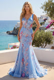Corsé largo de graduación azul sirena con flores y escote en V
