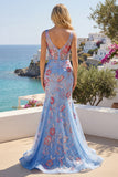 Corsé largo de graduación azul sirena con flores y escote en V