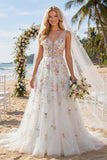 Vestido largo de novia blanco de lentejuelas A Line con flores 3D
