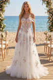Corsé floral blanco brillante con cuentas caídas sobre el hombro Una línea Vestido de novia largo