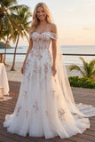 Corsé floral blanco brillante con cuentas caídas sobre el hombro Una línea Vestido de novia largo