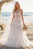 Vestido largo de novia blanco de lentejuelas A Line con flores 3D