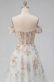 Corsé floral blanco brillante con cuentas caídas sobre el hombro Una línea Vestido de novia largo