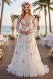 Vestido de novia blanco floral fruncido de escote en V y manga larga A Line