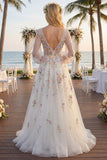 Vestido de novia blanco floral fruncido de escote en V y manga larga A Line