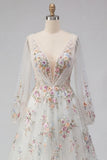 Vestido de novia blanco floral fruncido de escote en V y manga larga A Line