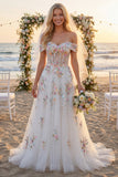 Corsé floral blanco brillante con cuentas caídas sobre el hombro Una línea Vestido de novia largo