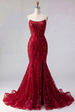 Vestido de baile largo de sirena burdeos brillante con cuentas y abertura