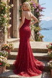 Vestido de baile largo de sirena burdeos brillante con cuentas y abertura