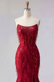 Vestido de baile largo de sirena burdeos brillante con cuentas y abertura