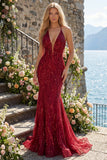 Vestido de baile de graduación de sirena sin espalda brillante con chispas burdeos y flecos