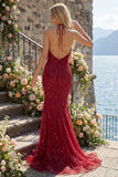 Vestido de baile de graduación de sirena sin espalda brillante con chispas burdeos y flecos