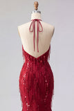 Vestido de baile de graduación de sirena sin espalda brillante con chispas burdeos y flecos