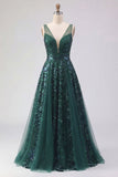 Vestido de baile de graduación de Tul de Cuello en V verde oscuro brillante A Line Long Sequin
