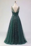 Vestido de baile de graduación de Tul de Cuello en V verde oscuro brillante A Line Long Sequin