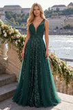 Vestido de baile de graduación de Tul de Cuello en V verde oscuro brillante A Line Long Sequin
