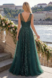 Vestido de baile de graduación de Tul de Cuello en V verde oscuro brillante A Line Long Sequin