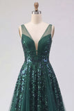 Vestido de baile de graduación de Tul de Cuello en V verde oscuro brillante A Line Long Sequin