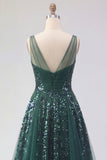 Vestido de baile de graduación de Tul de Cuello en V verde oscuro brillante A Line Long Sequin