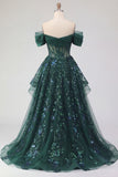 Vestido largo de graduación de graduación largo de fin de curso verde oscuro de lentejuelas verde oscuro brillante, con corte de lentejuelas y fruncido