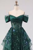 Vestido largo de graduación de graduación largo de fin de curso verde oscuro de lentejuelas verde oscuro brillante, con corte de lentejuelas y fruncido