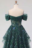 Vestido largo de graduación de graduación largo de fin de curso verde oscuro de lentejuelas verde oscuro brillante, con corte de lentejuelas y fruncido