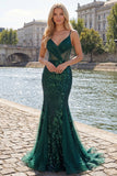 Vestido largo largo de baile de tul de lentejuelas con tirantes finos de sirena verde oscuro brillante y apliques