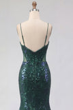 Vestido largo largo de baile de tul de lentejuelas con tirantes finos de sirena verde oscuro brillante y apliques