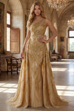 Vestido largo largo de baile de sirena dorada brillante con cuentas de un hombro y cola de capilla