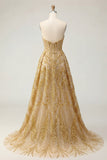 Vestido de graduación mini de baile con corsé dorado y cuentas con volantes y cola capilla