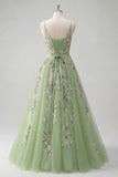 Vestido de baile de tul de la línea A de tirantes finos verdes