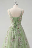 Vestido de baile de tul de la línea A de tirantes finos verdes