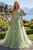 Vestido de graduación verde con escote bateau floral y aplicación de línea A
